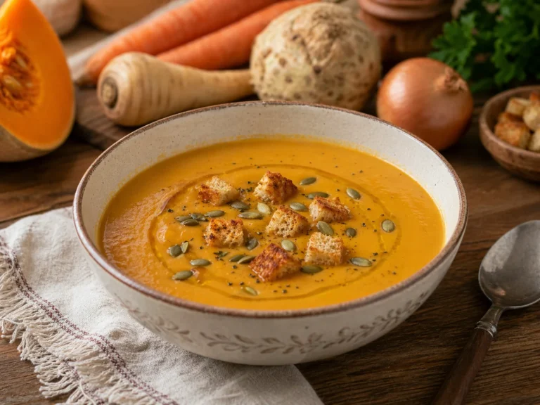 Supa crema de legume de iarna, portocalie si fina, cu crutoane si seminte de dovleac.