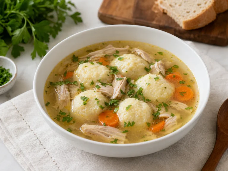 Supa limpede de pui cu galuste pufoase, morcov si patrunjel intr-un bol luminos.