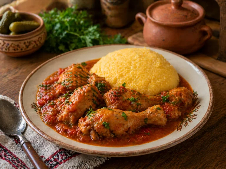 Tocanita de pui cu sos rosu si mamaliga, presarata cu patrunjel proaspat.