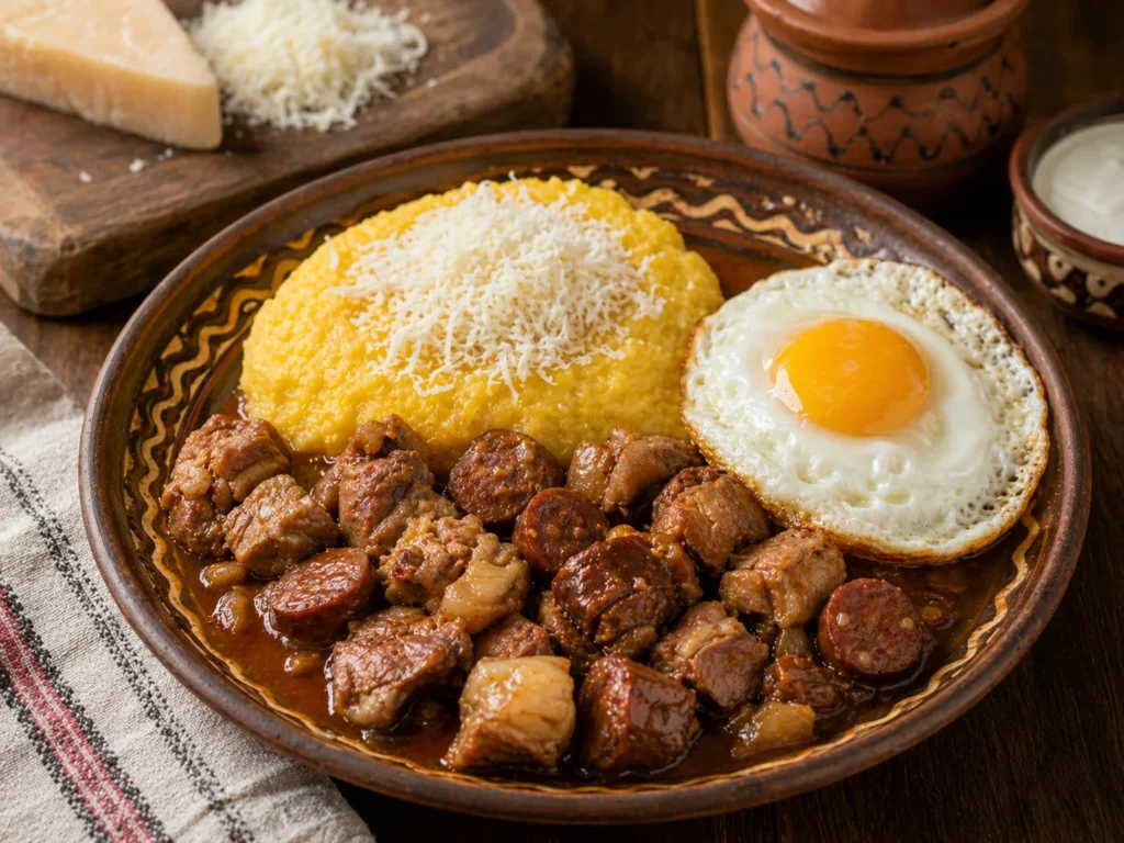 Tochitura moldoveneasca cu carne rumenita, carnati, mamaliga, ou si branza rasa.