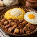 Tochitura moldoveneasca cu carne rumenita, carnati, mamaliga, ou si branza rasa.