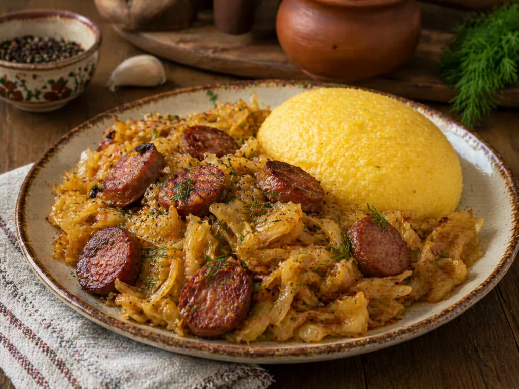 Varza calita cu carnati rumeniti, marar si mamaliga, servita intr-o farfurie rustica.