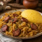 Varza calita cu carnati rumeniti, marar si mamaliga, servita intr-o farfurie rustica.