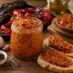 Zacusca de vinete in borcan si pe felii de paine, cu ardei copti si vinete langa ea.