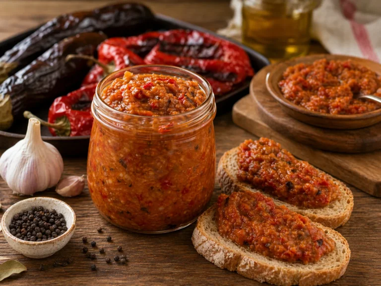 Zacusca de vinete in borcan si pe felii de paine, cu ardei copti si vinete langa ea.