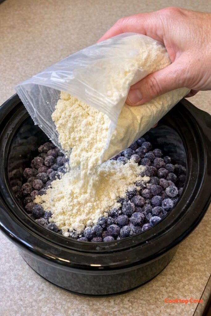 Dumping dry lemon cake mix over frozen wild blueberries, together with 2 other ingredients, into slow cooker for a treat that’s my default when I do