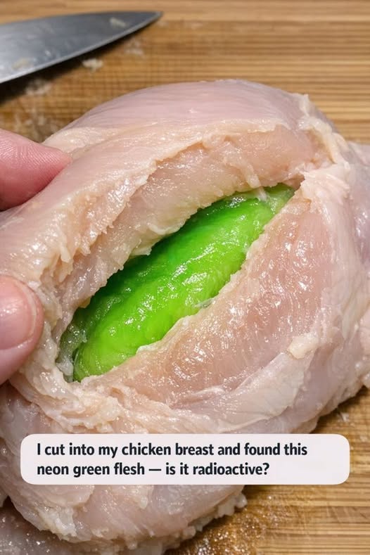 I cut into my chicken breast and found this neon green flesh — is it radioactive?