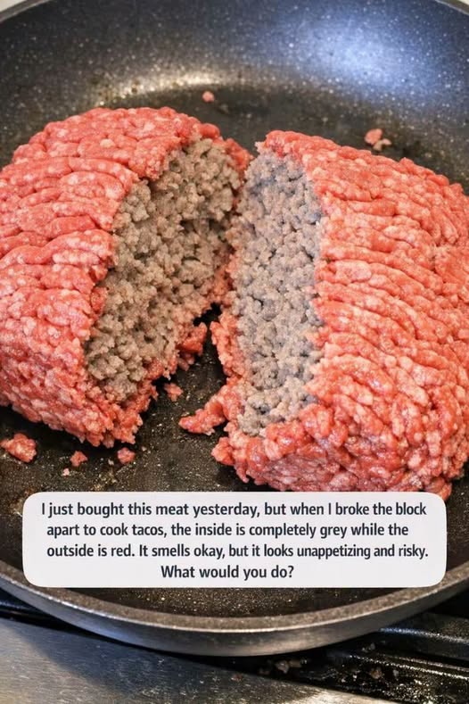 I just bought this meat yesterday, but when I broke the block apart to cook tacos, the inside is completely grey while the outside is red. It smells okay, but it looks unappetizing and risky. What wou