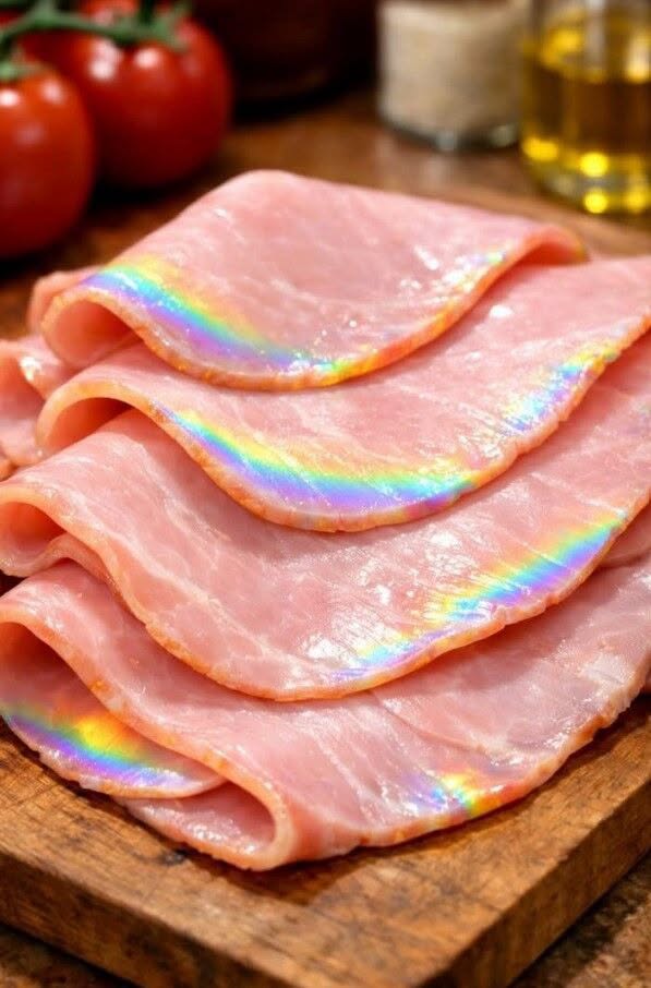 Pulled deli ham from the fridge and noticed a rainbow-like shine on the slices. Is that normal?