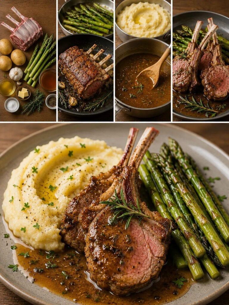 Carré d’Agneau Sauce Romarin, Purée Maison & Asperges Rôties