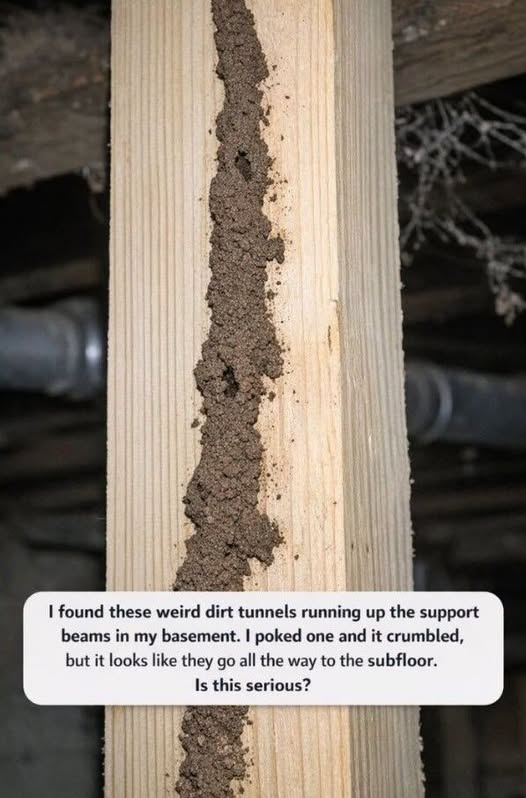 I Found These Weird Dirt Tunnels Running Up the Support Beams in My Basement. I Poked One and It Crumbled, but It Looks Like They Go All the Way to the Subfloor. Is This Serious?