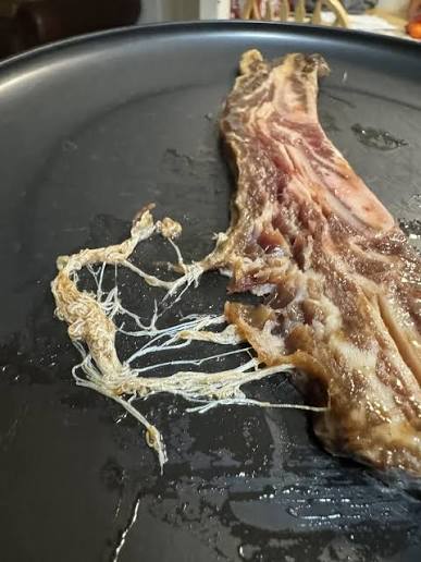 Pulled my beef roast out of the slow cooker and saw these weird white stringy things poking out of the meat. They look like little worms or parasites.