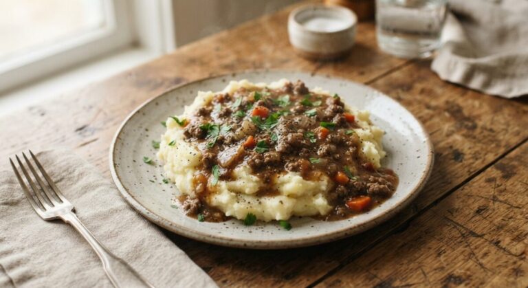 Hamburger Gravy over Mashed Potatoes